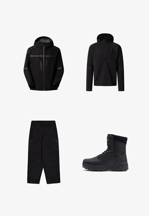 Schwarze wasserdichte Jacke mit Kapuze, ausgestattet mit zwei Reißverschlusstaschen auf der Brust, reflektierenden Streifen und verstellbaren Manschetten. Glatte Oberflächenstruktur.; Schwarzer Kapuzenpullover mit langen Ärmeln, Viertel-Reißverschluss und dezentem Logo auf der linken Brust, entworfen für den Außenbereich oder den Freizeitgebrauch.; Schwarze Cargo-Hosen mit vorderem Knopf und Reißverschluss, seitlichen Klappentaschen mit Knöpfen und verstellbaren Kordeln am Saum.; Schwarzer taktischer Stiefel mit einem glatten Lederoberteil und Stoffpaneelen, hoher Knöchelgestaltung, schnürbarem vorderen Teil und robustem Gummisohle.