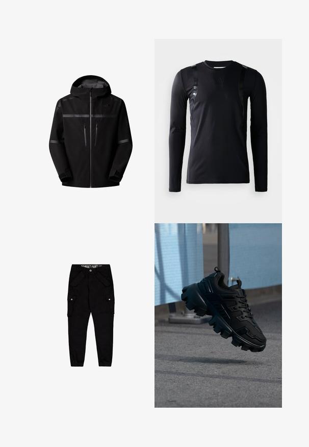 Zwarte waterdichte jas met capuchon, voorzien van twee met rits sluitende borstzakken, reflecterende strepen en verstelbare manchetten. Glad uiterlijk.; Zwarte lange-mouwen sportshirt gemaakt van glad, rekbaar materiaal. Kenmerkt zich door glanzende zwarte accenten op de schouders en een Adidas-logo op de borst.; Zwarte cargobroek van katoen, met meerdere zakken, een aansluitend ontwerp en elastische manchetten bij de enkels.; Zwarte chunky sneaker met dikke profielzool die boven een grijze stoep zweeft, tegen een wazige lichtblauwe en grijze achtergrond.