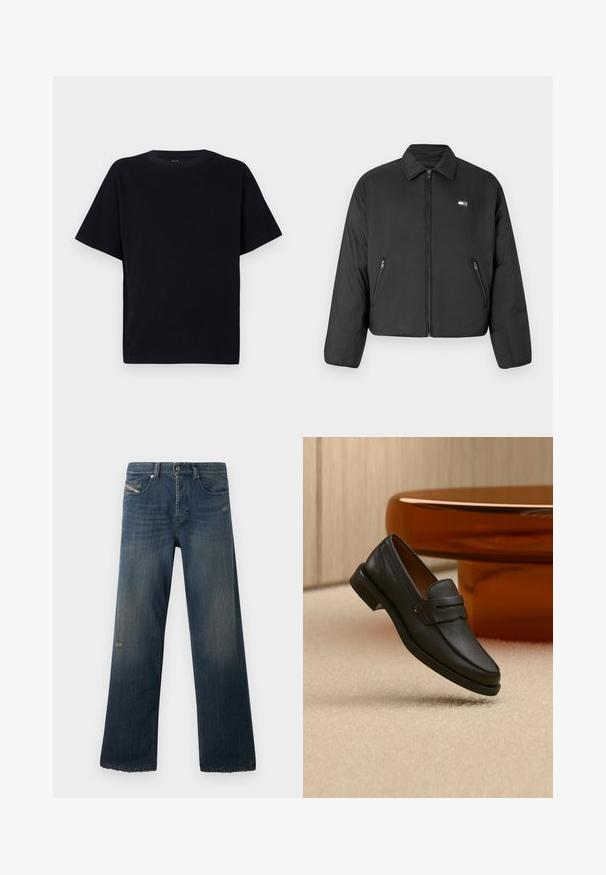 Sort cropped jakke med lynlås foran, der har sidelommer og krave. Fremstillet af glat, vandafvisende materiale. Lille logo på brystet.; Sort kortærmet t-shirt med rund halsudskæring. Fremstillet af blødt stof, med en afslappet pasform og uden synlige mønstre eller detaljer.; Blå denimjeans med lige ben, falmet tekstur, frynsede kanter og slidte detaljer på lommen foran og lårområdet.; Sort læder herreloafer med bånd tværs over toppen, vist på beige tæppe nær et brunt moderne rundt bord.