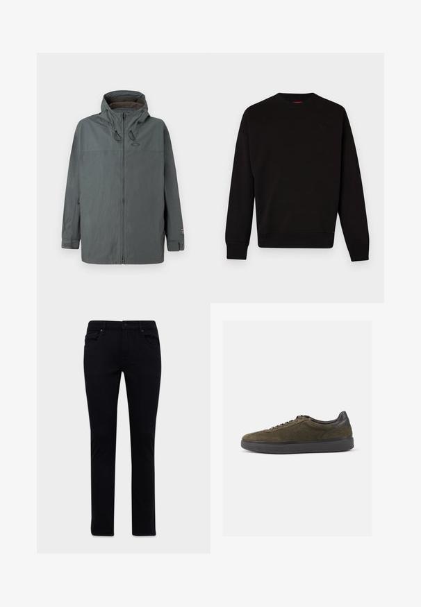 Meeste tumehall kapuutsiga jakk, millel on ees zipper, reguleeritavad kapuutsi nöörid ja Velcro randmepaelad, esitlemas ühtlasel taustal.; Must svart sweatshirts, mis on valmistatud pehmest kangast, ümar kaelus, soonikvarrukad ja -äär, ning rinna kohal on tagasihoidlik logo.; Mustad mustad teksad, millel on esiküljel ja taga taskud, vöökoht ja nööp sulgemine, esitatud valge tausta peal.; Olive rohelised seemisnahast tossud mustade nahkartustega ja paeltega, millel on tekstuuriga pind ja paks must kummitald.