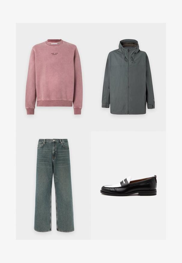 Veste à capuche grise foncée pour homme avec fermeture éclair à l'avant, cordons de capuche ajustables et bandes Velcro aux poignets, présentée sur un fond uni.; Sweat-shirt rose pâle en tissu texturé, avec des poignets et un col côtelés, et des détails de logo brodés en noir sur le devant.; Jean en denim à jambes larges de couleur bleu délavé, avec un design à cinq poches, fermeture par bouton et coutures contrastées. Texturé, avec une légère apparence usée.; Mocassin en cuir noir et blanc avec des détails cousus, un petit talon et un design slip-on, présenté de profil sur un fond uni.