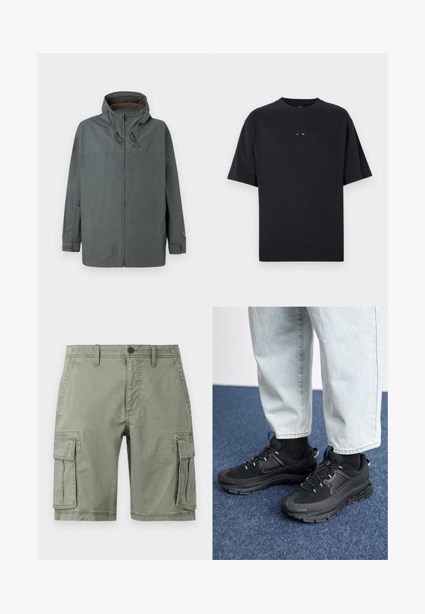 Donkergrijze mannen hoodie met frontale ritssluiting, verstelbare capuchon met trekkoorden en klittenband polsbandjes, weergegeven op een effen achtergrond.; Oakley RISE TEE - T-shirt basic - blackout; Groene cargoshorts van een katoenmix, met twee zijzakken, knoopsluiting en een rechte snit.; Zwarte sportschoenen met gestructureerde stof en rubberen zolen, met elastische veters en een blauwe accent op de hiel. Draag samen met lichte spijkerbroeken.