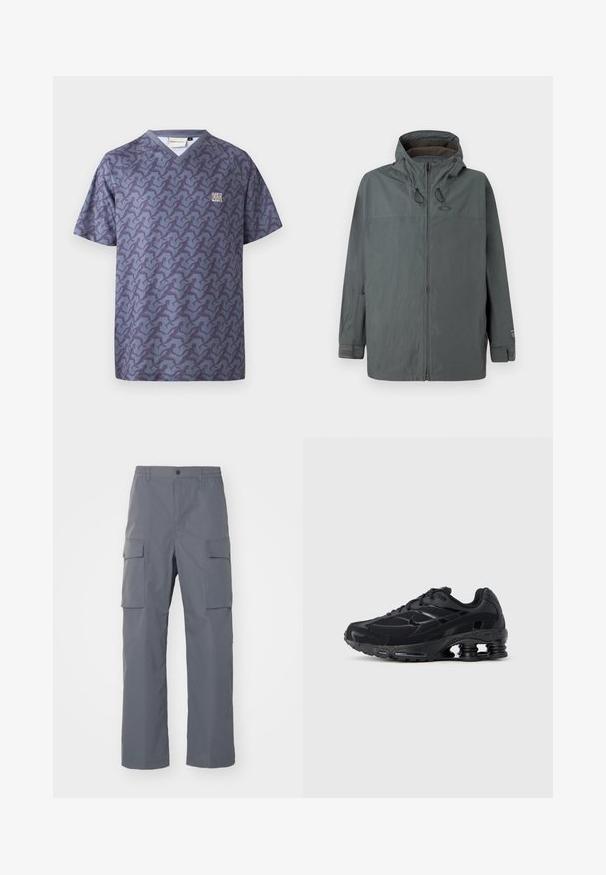 Donkergrijze mannen hoodie met frontale ritssluiting, verstelbare capuchon met trekkoorden en klittenband polsbandjes, weergegeven op een effen achtergrond.; Cleptomanicx RELAY - T-shirt print - nightshadow blue; Grijze cargobroek van duurzaam materiaal. Kenmerken zijn een elastische tailleband, twee grote zijzakken en een rechte pijp.; Zwarte sportieve schoen met een bovenwerk van mesh, een gevoerde kraag en opvallende dempingstechnologie bij de hiel. Heeft gestructureerde accenten en veters.
