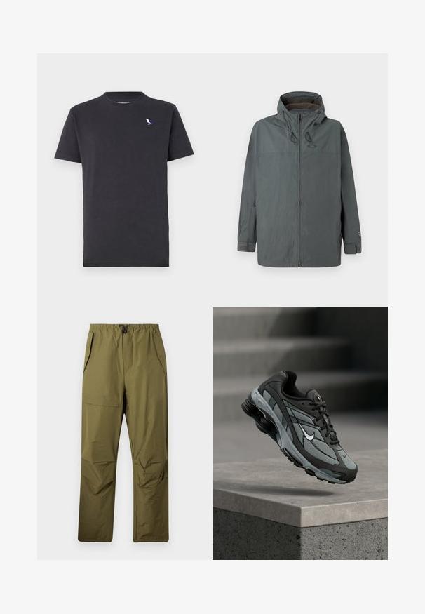 Veste à capuche grise foncée pour homme avec fermeture éclair à l'avant, cordons de capuche ajustables et bandes Velcro aux poignets, présentée sur un fond uni.; T-shirt en coton noir avec un col rond et des manches courtes, arborant un petit logo d'oiseau multicolore sur la poitrine gauche.; Pantalons droit vert olive avec une taille élastique et un cordon de serrage, dotés de poches latérales et d'une poche à rabat sur la cuisse droite.; Baskets athlétiques grises et noires avec panneaux en mesh et semelle épaisse, positionnées en plein air au-dessus d'un rebord en béton avec des escaliers en arrière-plan.