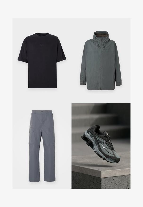 Dunkelgraue Herrenjacke mit Kapuze, Frontreißverschluss, verstellbaren Kapuzenschnüren und Klettverschlussmanschetten, auf einfarbigem Hintergrund präsentiert.; Oakley RISE TEE - T-Shirt basic - blackout; Grau Cargo-Hosen aus strapazierfähigem Stoff. Zu den Merkmalen gehören ein elastischer Bund, zwei große Seitentaschen und ein gerader Schnitt.; Grauer und schwarzer Sportschuh mit Netzpaneelen und dicker Sohle, schwebend in der Luft über einer Betonmauer mit Treppen im Hintergrund.