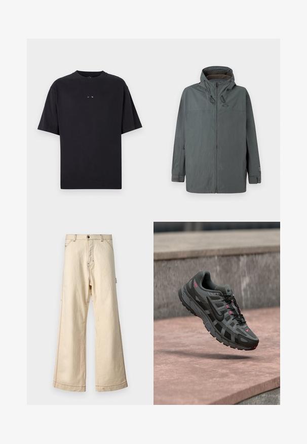 Donkergrijze mannen hoodie met frontale ritssluiting, verstelbare capuchon met trekkoorden en klittenband polsbandjes, weergegeven op een effen achtergrond.; Oakley RISE TEE - T-shirt basic - blackout; Beige wijde broek van katoen met een rits- en knoopsluiting, voorzien van contrasterende stiksels en zijzakken.; Grijze en zwarte Nike-sneaker met roze accenten zwevend in de lucht boven een stenen oppervlak, met zicht op de zijkant en bovenkant.