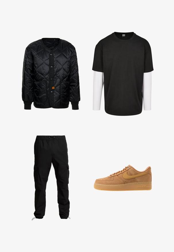 Zwarte gewatteerde jas met een ronde hals, knopen aan de voorkant, twee grote zakken en geribbelde manchetten; heeft een textuurpatroon op de stof.; Zwarte T-shirt met korte mouwen en een witte laag met lange mouwen eronder. Gemaakt van katoen met een ronde hals en een relaxte pasvorm.; Zwarte cargobroek van duurzaam materiaal, met een elastische tailleband, verstelbare trekkoorden en zijzakken met kleppen.; Nike Sportswear AIR FORCE 1 07 - Sneakers laag - flax/wheat/light brown/black/team gold