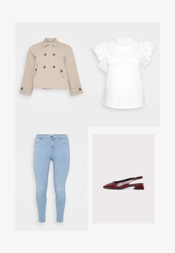 Beige dobbeltknappetjakke med krave, to forlommer og messingknapper. Har en cropped længde og tekstureret stof.; Hvid bluse med puffede ærmer, udsmykket med dekorativ eyelet-broderi og rund halsudskæring. Minimalistisk design på en grå baggrund.; Lysblå skinny jeans lavet af denim, med knaplukning, fem lommer og en glat, let falmet tekstur.; Bordeauxrød læder slingback-sko med spids tå og lav blokhæl, vist fra siden på hvid baggrund.