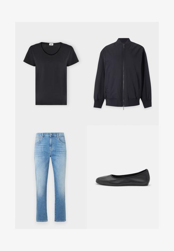 Blouson bomber noir avec fermeture éclair à l'avant, col, poignets et ourlet côtelés, et deux poches latérales sur fond clair.; T-shirt noir uni à manches courtes avec col rond et petite étiquette de marque blanche à l'intérieur du col.; Jean bleu clair en denim, doté d'une coupe droite, de cinq poches et d'une finition délavée. Détails en métal argenté à la taille.; Ballerines en cuir noir avec un bout rond, texture lisse, détails de couture minimalistes et design de semelle flexible.