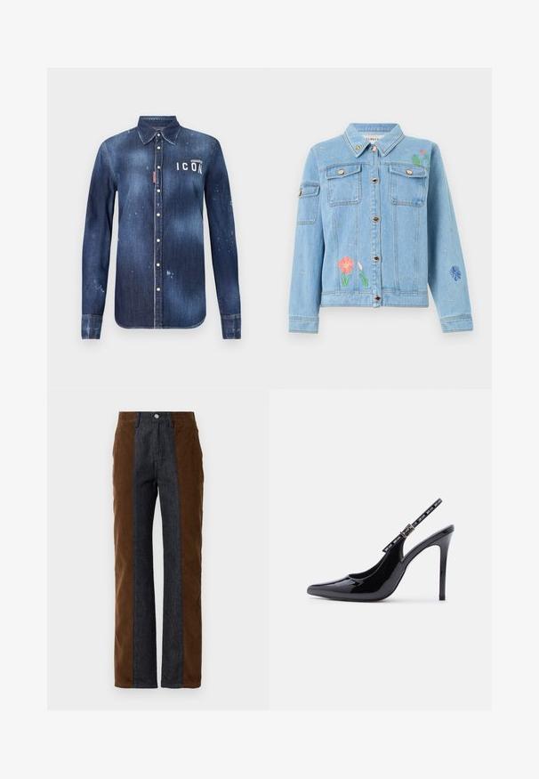Lyseblå denimjakke med knapper foran, brystlommer samt farverigt blomster- og bi-broderi på front og ærmer.; Denimskjorte i mørkeblå, med knap-ned design, bevaret slid, distressed detaljer og hvid "ICON" tekst på brystet.; Corduroy- og denimbukser med lodret panelering i mørkebrun og navy blå, med lige pasform og standard fem-lomme design.; Sort laklæder højhælet slingback-sko med spids tå og justerbar spænde med mærke på hvid baggrund.