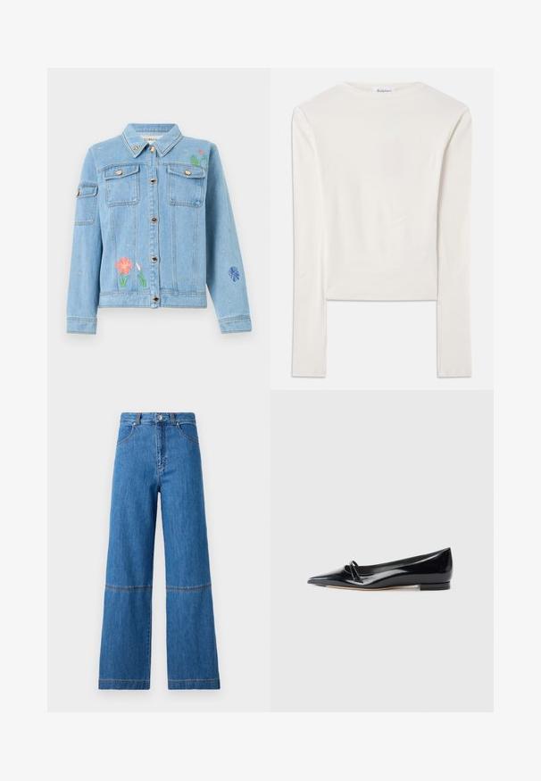 Lyseblå denimjakke med knapper foran, brystlommer samt farverigt blomster- og bi-broderi på front og ærmer.; Hvid langærmet top lavet af bomuld, med en simpel rund hals og en slim fit. Stof er glat med en let stræk.; Bredde ben jeans i blå denim med høj talje, der har dobbelt stikning ved knæene og en tekstureret stofoverflade.; Sorte patentlæder flade sko med spids tå, lille dekorativ rem og lav blokhæl. Glat tekstur og strømlinet design.