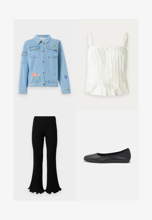Veste en denim bleu clair avec fermeture à boutons, poches poitrine et broderies colorées de fleurs et d'abeilles sur le devant et les manches.; Haut blanc sans manches avec bretelles fines, présentant une texture plissée et des accents en dentelle le long de l'encolure. Tissu en coton léger.; Rabanne Pantalon classique - black; Ballerines en cuir noir avec un bout rond, texture lisse, détails de couture minimalistes et design de semelle flexible.