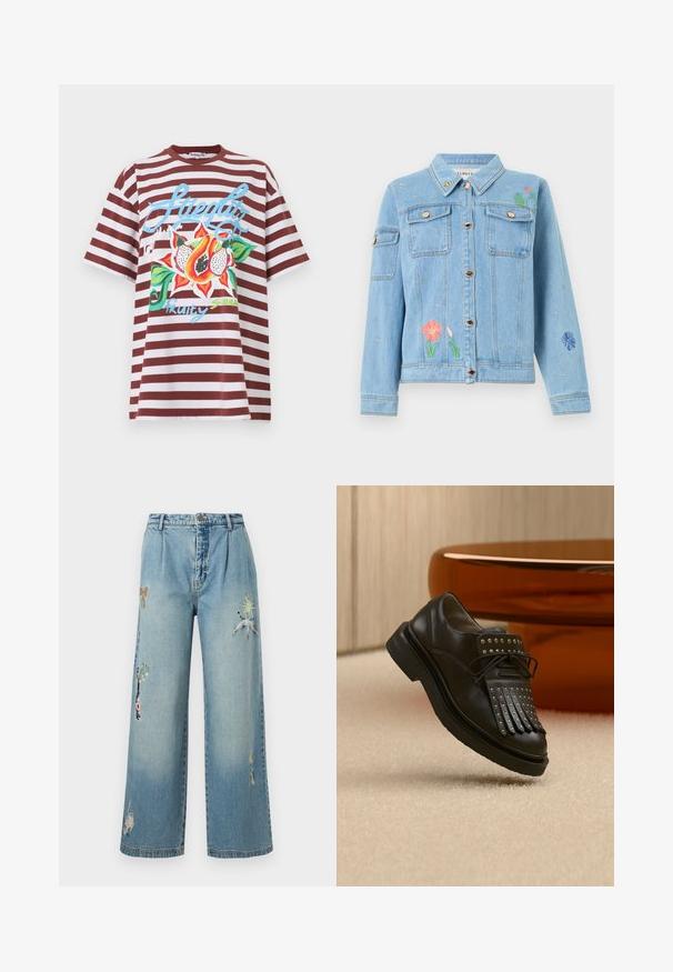Ανοιχτό μπλε denim μπουφάν με κουμπιά μπροστά, τσέπες στο στήθος και πολύχρωμη κεντητή διακόσμηση με λουλούδια και μέλισσες στο μπροστινό μέρος και τα μανίκια.; Κοντομάνικο μπλουζάκι με καφέ και λευκές οριζόντιες ρίγες, διακοσμημένο με πολύχρωμα τροπικά φρούτα και μπλε επιγραφή "Stieglitz" στο μπροστινό μέρος.; Φαρδιά τζιν παντελόνια σε ανοιχτό μπλε χρώμα, με κεντημένες λεπτομέρειες, όπως πεταλούδες και φυτά. Διαθέτει κούμπωμα με κουμπί και πέντε τσέπες.; Μαύρο δερμάτινο παπούτσι με κορδόνια, διακοσμητικά κρόσσια και μεταλλικά τρουκς, τοποθετημένο σε μπεζ χαλί κοντά σε καφέ έπιπλο.