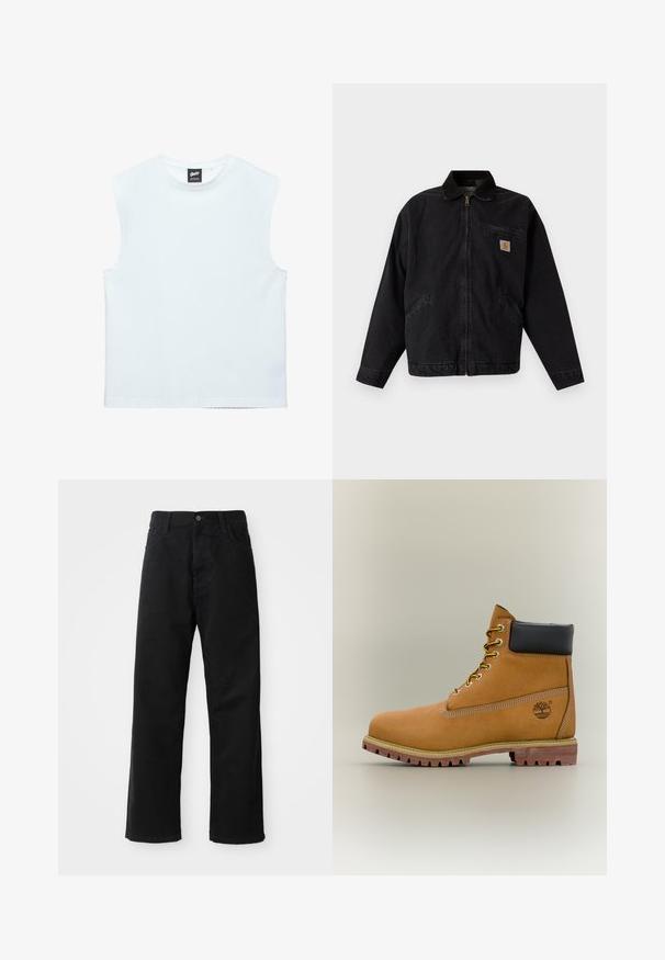 Veste noire à fermeture éclair avec col, deux poches latérales, une poche poitrine zippée et une petite étiquette carré avec le logo Carhartt à l'avant.; Haut blanc sans manches à encolure ronde avec un ourlet droit et une étiquette de marque noire à l'intérieur du col arrière.; Pantalons en denim noir à coupe droite, avec poches avant, fermeture éclair et un seul bouton supérieur. Tissu texturé avec une finition mate.; Bottine en cuir marron avec col noir, lacets jaunes et semelle beige. Présente un logo et des détails de couture blanche. Semelle extérieure à traction robuste.