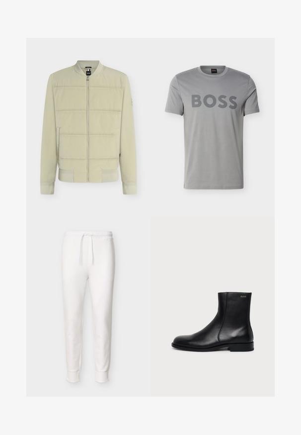 Blouson bomber matelassé beige clair avec fermeture éclair à l'avant, col, poignets et ourlet côtelés, et poches latérales.; T-shirt gris manches courtes à col rond avec grand texte « BOSS » imprimé sur la poitrine et petite étiquette « BOSS » à l'intérieur du col.; Pantalon jogger blanc à coupe slim avec taille élastique et cordon de serrage, poignets côtelés aux chevilles, présenté sur un fond uni.; Bottine en cuir noir à talon bas, couture latérale et petit logo "HUGO" sur le revers supérieur sur un fond uni.