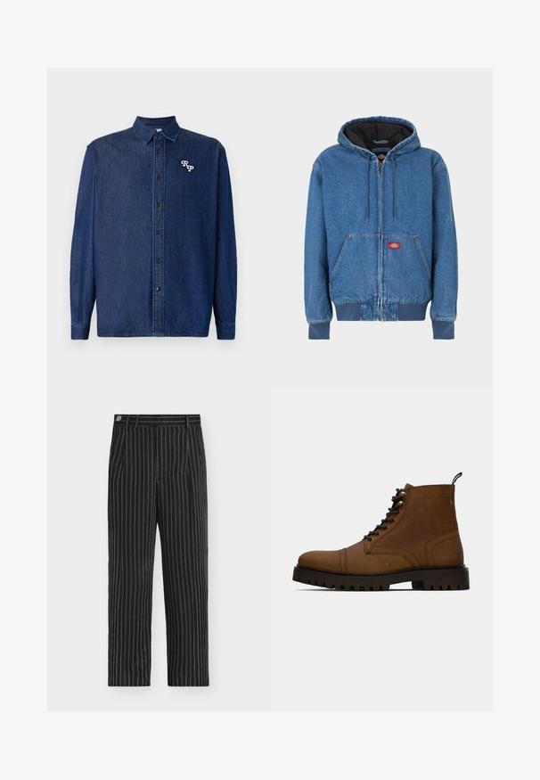 Denim hættejakke i lyseblå med lynlås foran, to sidelommer og sort inderfor. Rødt logo patch nær lynlåsen.; Mørkeblå denimskjorte med knappelukning foran, lange ærmer og spids krave. Har en hvid broderet "RP"-logo.; Sorte bukser med tynde hvide lodrette nålestriber, knaplukning, bæltestropper og lige ben.; Brun læder snørefri ankelstøvle med tyk sort sål og hængslet på en hvid baggrund.
