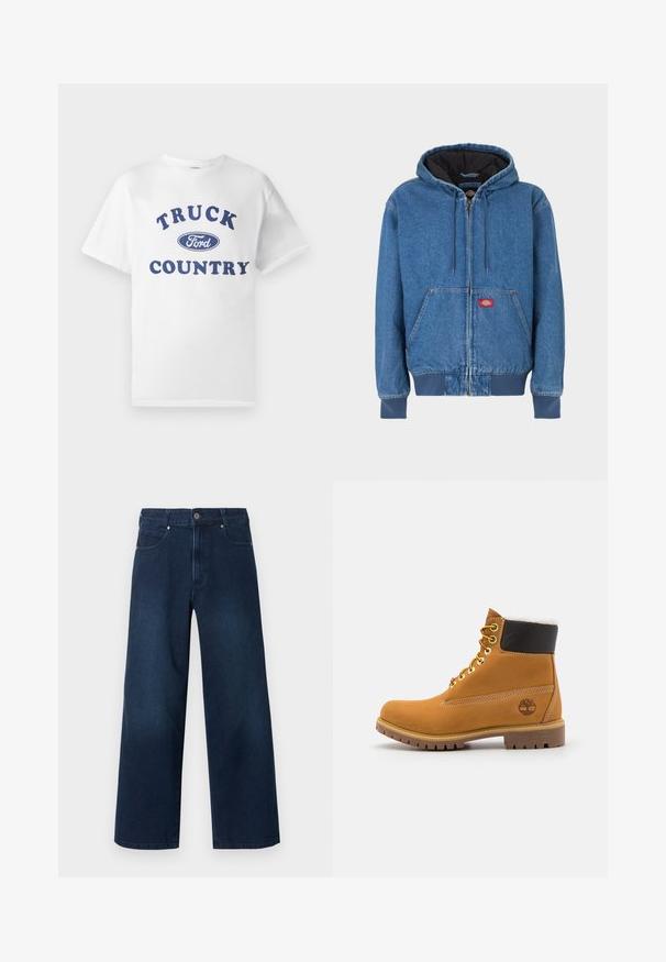 Denim hættejakke i lyseblå med lynlås foran, to sidelommer og sort inderfor. Rødt logo patch nær lynlåsen.; Hvid bomulds t-shirt med blå trykt tekst "TRUCK COUNTRY" og et blåt ovalt "Ford"-logo i midten. Korte ærmer og rund hals.; Mørkeblå, vidde jeans med knap- og lynlåslukning foran, for- og baglommer, vist mod en hvid baggrund.; Brune læder ankelstøvle med metaløjer, hvid pelsforing, sort polstret krave, robust sål og præget logo på siden.