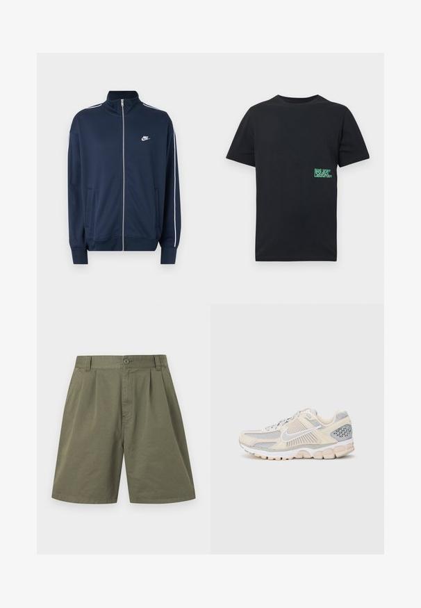 Marineblauw Nike-vest met rits en hoge kraag, witte biezen op de mouwen, twee zakken aan de voorkant en een wit Nike-logo op de linkerborst.; Zwart T-shirt met korte mouwen en ronde hals, met kleine groene en witte tekst "Nike Sport Research Laboratory" aan de linkerkant bij de taille.; Olijfgroene katoenen bermuda met voorknopen, riemlussen, zijzakken, knoop- en ritssluiting. Pleats aan de voorkant.; Lichte hardloopschoen met een beige en grijze bovenkant van mesh, getextureerde overlays, een wit logo en een geschuimde zool. Accentueert met ademende panelen.