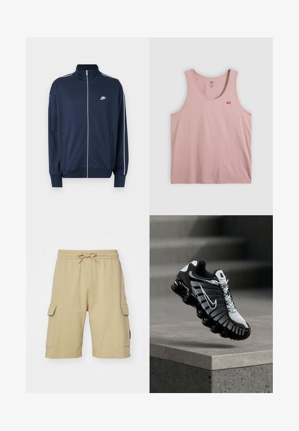 Laivastonsininen Nike vetoketjullinen takki, jossa korkea kaulus, valkoiset reunukset hihoissa, kaksi etutaskua ja valkoinen Nike-logo vasemmalla rinnassa.; Vaaleanpunainen, hihaton toppi, jossa on pyöreä pääntie ja pieni punainen Levi's-logo vasemmassa yläosassa rinnassa.; Beige puuvillased cargo lühikesed püksid, millel on elastne vöökoht, nöör ja küljetaskud. Sile tekstuur ja põlveni ulatuv disain.; Musta-valkoinen Nike-juoksukenkä roikkuen betonipinnan yläpuolella, taustalla porrastettu kiviseinä.