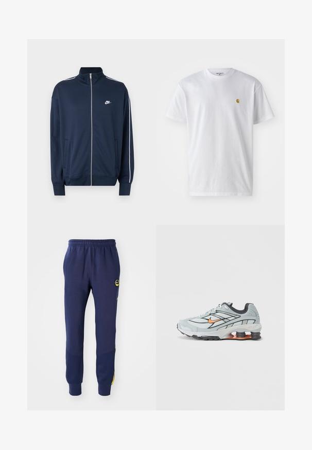 Tmavomodrá bunda Nike na zips s vysokým golierom, bielymi pruhmi na rukávoch, dvoma prednými vreckami a bielym logom Nike na ľavej strane hrudníka.; Biele bavlnené tričko s krátkymi rukávmi, okrúhlym výstrihom, s malým zlatým logom na ľavej strane hrude. Mäkká textúra a normálny strih.; Námornícke modré tepláky s elastickým pásom, bočnými vreckami a čiernou/žltou nášivkou s logom, ktoré majú textúrované panely pri členkoch.; Svetlosivé bežecké topánky s čiernymi detailmi, oranžovým logom, sieťovaným vrchom, polstrovaným golierom a gumovou podrážkou s viditeľnými tlmiacimi jednotkami.
