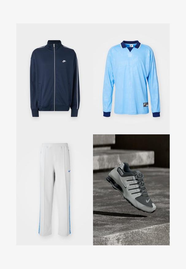 Marineblaue Nike-Zip-up-Jacke mit hohem Kragen, weißen Paspeln an den Ärmeln, zwei vorderen Taschen und weißem Nike-Logo auf der linken Brust.; Hellblauses Langarm-Polohemd mit marineblauem Kragen und Bündchen, das ein dezentes Allover-Muster und Nike-Logoprint am unteren Saum aufweist.; Hellegraue Sporthose mit blauen Seitenstreifen, im entspannten Schnitt, mit elastischem Bund und Reißverschlusstaschen. Nike-Logo auf der Vorderseite.; Grauer und schwarzer Nike Shox Sportschuh schwebt über einer strukturierten Betonoberfläche mit Schatten darunter.