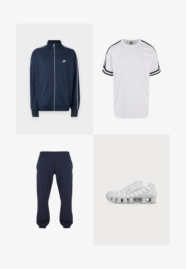 Chaqueta con cremallera Nike azul marino con cuello alto, ribete blanco en las mangas, dos bolsillos frontales y logo blanco de Nike en el lado izquierdo del pecho.; Camiseta blanca de manga corta hecha de tela de malla, con detalles negros a lo largo de los hombros y tres rayas negras en las mangas. Cuello redondeado.; Pantalones sudadera azul marino con cintura elástica y puños ajustados, confeccionados en tela suave, sin patrones ni herrajes visibles.; Zapatilla de running blanca Nike con suela visible con amortiguación de aire y logo swoosh plateado en el lateral, mostrada desde el lado exterior.