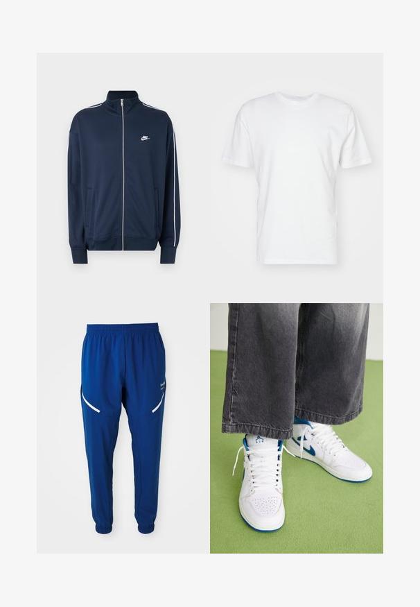 Chaqueta con cremallera Nike azul marino con cuello alto, ribete blanco en las mangas, dos bolsillos frontales y logo blanco de Nike en el lado izquierdo del pecho.; Camiseta de algodón blanca con manga corta, escote redondo y una textura suave. Diseño simple sin patrones ni gráficos.; Pantalones deportivos de color azul royal con cintura y puños elásticos, tiras reflectantes blancas curvas en los muslos y pequeño logotipo blanco en el lado derecho.; Zapatillas altas blancas con acentos azules, caja de puntera perforada y cordones blancos. Llevadas con pantalones de mezclilla grises sueltos sobre una superficie verde.