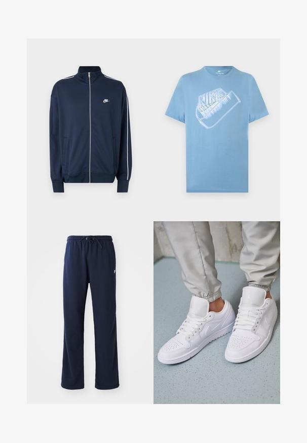 Marineblaue Nike-Zip-up-Jacke mit hohem Kragen, weißen Paspeln an den Ärmeln, zwei vorderen Taschen und weißem Nike-Logo auf der linken Brust.; Hellblaues Nike-T-Shirt mit kurzen Ärmeln und großem stilisiertem weißen Nike-Logo samt Swoosh-Grafik auf der Brust.; Marineblaue Sweatpants aus weichem Stoff, mit einem elastischen Bund und Kordelzug, seitlichen Taschen und einem minimalistischen Logo-Detail.; Weiße Ledersneaker mit perforierter Zehenbox, flachen Schnürsenkeln, gepolstertem Kragen und dem Jordan-Logo auf der Zunge. Getragen mit grauen Jogginghosen.
