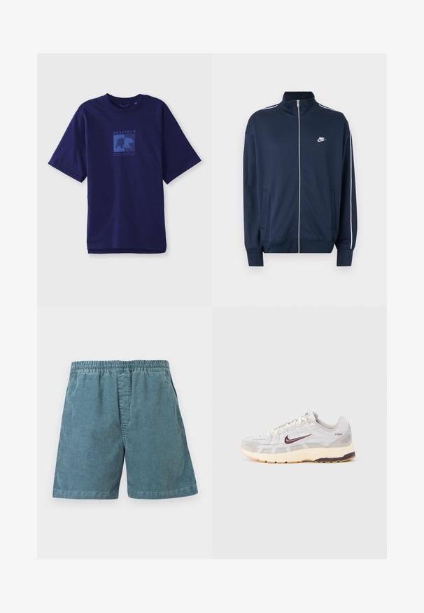 Navyblå Nike zip-up jakke med høj krave, hvide striber på ærmerne, to forlommer og hvid Nike-logo på venstre bryst.; Marineblå bomulds T-shirt med korte ærmer, prydet med en blå grafik af en bjørn og teksten "PENFIELD MASSACHUSETTS" i en firkantet form på forsiden.; Blå kordfløjlsshorts med elastisk talje og sidelommer, vist fladt på en hvid baggrund.; Herres løbesko i lys grå og creme med en åndbar mesh-overdel, mørkerød Nike-swoosh, polstret krave og en struktureret sål.
