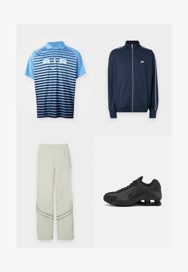 Μπλε σκούρα ζακέτα Nike με φερμουάρ και ψηλό γιακά, λευκή επένδυση στα μανίκια, δύο εμπρόσθιες τσέπες και λευκό λογότυπο Nike στο αριστερό στήθος.; Πολυεστερικό πόλο μπλουζάκι Nike σε ανοιχτό μπλε χρώμα με οριζόντιες ρίγες που μεταβαίνουν από σκούρο μπλε σε ανοιχτό. Διαθέτει γιακά και το λογότυπο "AIR" σε λευκό χρώμα.; Ανοιχτό πράσινο φαρδύ παντελόνι με ελαστική μέση, διακοσμημένο με διαγώνιες σκούρες πράσινες γραμμές και απλό σχέδιο. Λεία, ελαφριά υφάσματα.; Μαύρα αθλητικά παπούτσια με λείο συνθετικό άνω μέρος, διάτρητες λεπτομέρειες, υφή στις πλευρές και ξεχωριστή ελαστική σόλα.