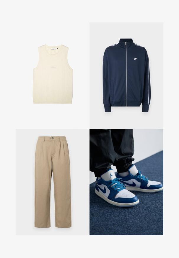 Chaqueta con cremallera Nike azul marino con cuello alto, ribete blanco en las mangas, dos bolsillos frontales y logo blanco de Nike en el lado izquierdo del pecho.; Top sin mangas de color crema, confeccionado en tejido acanalado, con cuello redondo y sutil logotipo bordado en el frente.; Pantalones de tiro alto beige con pliegues, presillas para el cinturón, cierre de botón y piernas rectas sobre un fondo blanco.; Las zapatillas Nike Air Jordan cuentan con una base de cuero blanco con acentos sintéticos azules, una caja de dedos perforada y cordones azules.