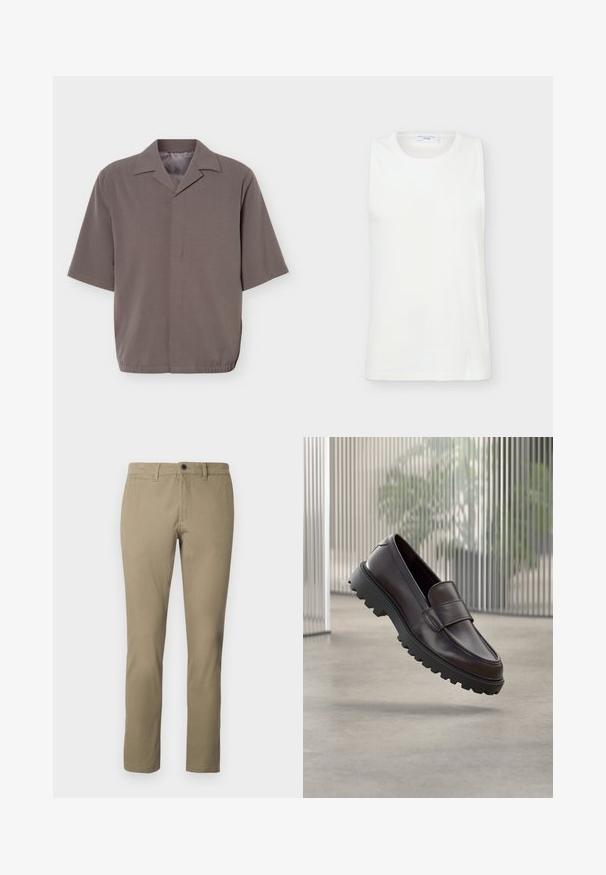 Chemise grise à manches courtes, coupe ample, avec col pointu et fermeture frontale dissimulée, dotée d'un ourlet élastique à la taille.; Haut blanc sans manches à col rond en tissu lisse, présenté à plat sur un fond clair.; Chinos kaki en mélange de coton, avec une coupe droite, une taille standard avec fermeture à bouton et des poches latérales.; Chaussure à enfiler en cuir marron avec un bout rond et une semelle en caoutchouc noire robuste. Présente une bride décorative traversant le coup de pied.