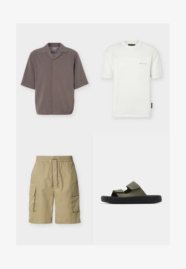 Grijze shirt met korte mouwen en losse pasvorm, voorzien van een puntige kraag en een verborgen sluiting aan de voorkant, met een elastische zoom bij de taille.; Witte T-shirt met korte mouwen en ronde hals, met kleine "Marc O'Polo" tekst op de borst en een stoffen label aan de linkerzijnaad.; Beige cargoshorts met elastische tailleband, koordsluiting en klepzakken aan beide zijden, afgebeeld tegen een witte achtergrond.; Groene rubberen sandalen met twee verstelbare banden en een gestructureerde zwarte zool met een profielpatroon. Merklogo zichtbaar op de band.