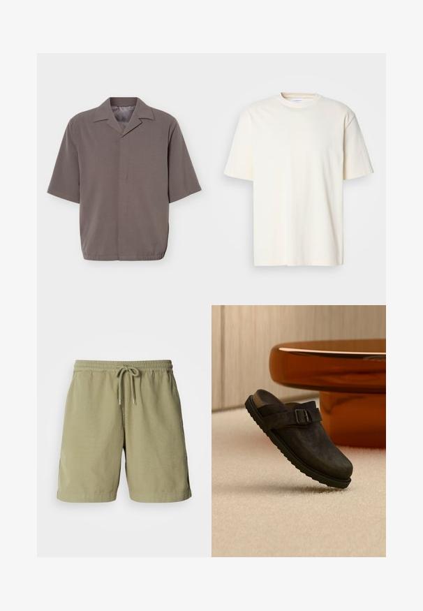 Kortærmet, løstsiddende grå skjorte med spids krave og skjult lukning foran, med elastisk kant ved taljen.; Lys off-white kortærmet T-shirt med rund hals, unisex design, præsenteret på en neutral grå baggrund.; Olivenfarvede shorts, lavet af bomuld, med elastisk talje og snøre, der har sidelommer og en lige pasform. Glat tekstur.; Mørkebrun slip-on sko med spænde og rillede sål, vist på beige tæppe nær rundt, ravfarvet bord.