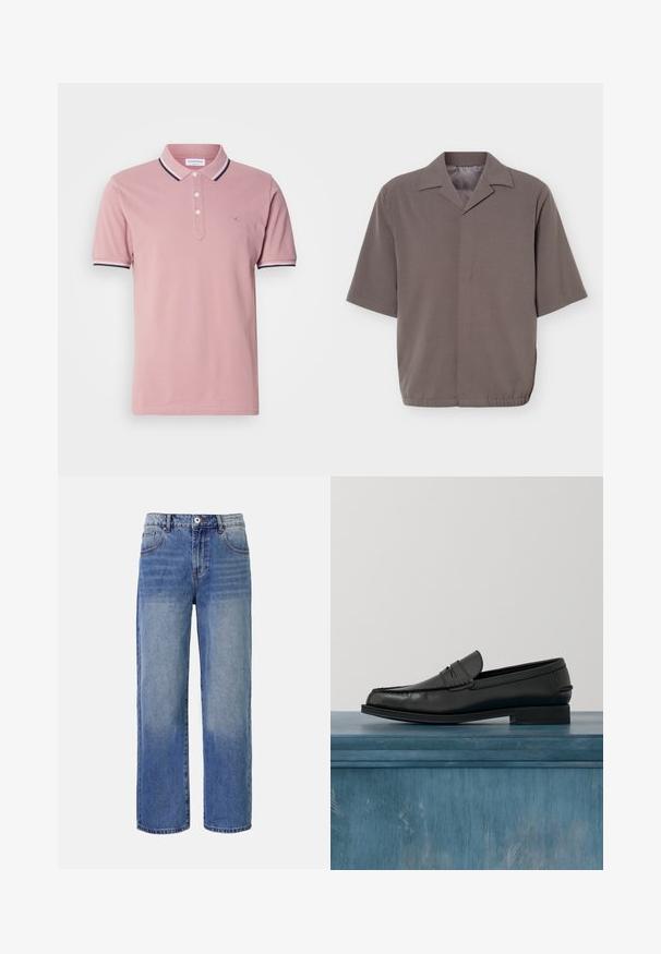 Kortærmet, løstsiddende grå skjorte med spids krave og skjult lukning foran, med elastisk kant ved taljen.; Lyserød polo shirt med en to-knaps stolpe, ribbet krave med marineblå og hvide striber og et diskret logo broderet på brystet.; Lys blå denim bred benjeans med et falme mønster, fem lommer og lynlås i gylpen. Har en knap og bæltestropper i taljen.; Sorte læderloafers med et slankt design, der har syning ved tåen og en glat finish. Skoen har en lav hæl og minimal udsmykning.