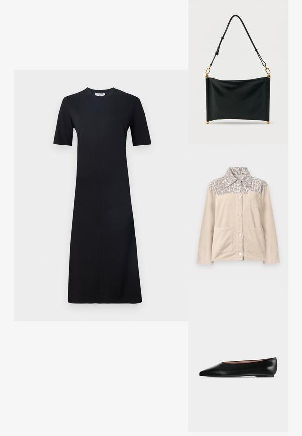 Chaqueta de pana beige con hombro estampado de leopardo gris, dos bolsillos delanteros, cierre de botones y cuello clásico. Detalle de tela texturizada.; Filippa K Vestido ligero - black; Zapato plano negro de cuero para mujer con punta puntiaguda y tacón bajo, mostrado de lado sobre un fondo liso gris claro.; Bolso rectangular de cuero negro con correa ajustable, herrajes dorados y cierre de cremallera, colocado en posición vertical sobre un fondo blanco.