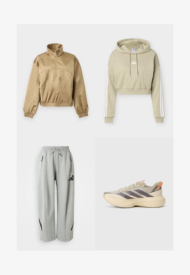 Béžová pulóverová bunda s štvrťovým zipsom, vysokým golierom, elastickými manžetami a pásom, s jemným logom Adidas v strede vpredu.; Béžová cropovaná mikina s kapucňou s bielym logom Adidas na hrudi a tromi bielymi pruhmi vedúcimi po každom rukáve, vybavená kapucňou so sťahovacou šnúrkou.; Svetlošedé tepláky vyrobené z mäkkej látky, s elastickým pásom, šnúrkou v páse a čiernymi akcentmi na vreckách a stranách.; Svetlobéžová športová obuv so sivými pruhmi, hrubou krémovou podrážkou, šnurovaním vpredu a oranžovým pútkom na päte.