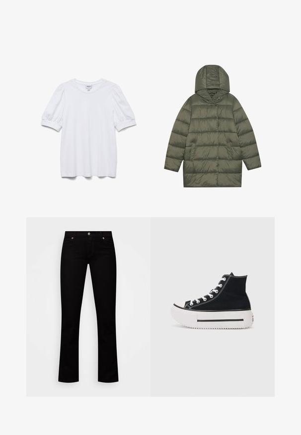 Chaqueta acolchada tipo puffer en verde oliva con capucha y dos bolsillos frontales, diseñada para el clima frío.; Top blanco de manga corta con cuello redondo y mangas abullonadas. Hecho de una tela suave, presenta una etiqueta con la frase "AWARE".; Vaqueros negros de mezclilla, con un ajuste slim, diseño de cinco bolsillos, cierre de botón y sutiles acentos en cobre en los remaches.; Zapatilla alta negra de lona, con costuras blancas, puntera de goma, suela gruesa blanca y detalle de franjas negras.