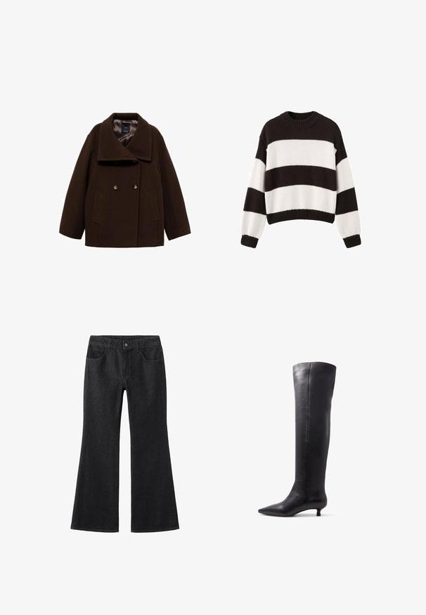 Bruine peacoat met een brede kraag, dubbelgeknoopt aan de voorkant en twee zijzakken. Gemaakt van een wolmengsel, met knoopdetails en een gladde voering.; Zwart-wit gestreepte gebreide trui met een ronde hals, lange mouwen en een cropped fit. Gelaagde stof met een ribgebreide zoom.; Zwarte spijkerbroek met uitlopende pijpen, featuring een hoge taille, vijf zakken, contrasterende stiksels en een klassieke knoopsluiting.; Kniehoge zwarte leren laarzen met een spitse neus en een kleine hak, met een gladde textuur en een minimalistisch ontwerp.