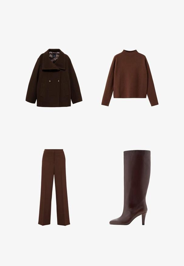 Brauner Peacoat mit breitem Kragen, doppelt geknöpftem Vorderteil und zwei seitlichen Taschen. Hergestellt aus einer Wollmischung, mit Knopf-Akzenten und einem glatten Futter.; Brauner Pullover mit langen Ärmeln und hohem Kragen. Hergestellt aus einem weichen, strukturierten Stoff. Mit lässiger, boxartiger Form und minimalistischem Design.; Braune weit geschnittene Hosen mit glatter Textur, die einen strukturierten Taillenbund und subtile Falten auf der Vorderseite aufweisen.; Braune Lederkniehohe Stiefel mit spitzem Zehen und Stiletto-Absatz. Glatte Textur und nahtloses Design.