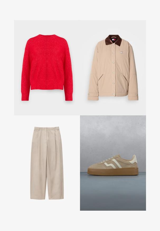 Chaqueta beige con un cuello de pana marrón, que cuenta con un cierre de botones a presión, dos bolsillos laterales y un pequeño parche con logo en el pecho.; Jersey de punto rojo con cuello redondo, hombros caídos y puños y dobladillo de canalé. Textura suave con un ajuste ligeramente holgado.; Pantalones beige de pierna ancha con pliegues frontales, bolsillos laterales, trabillas para cinturón y cierre frontal oculto.; Zapatilla de ante beige con detalles en cuero blanco, diseño con cordones y suela de goma texturizada. Exhibida sobre una superficie de madera.