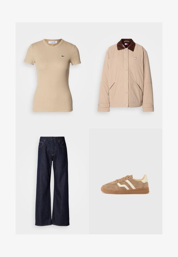 Beige Jacke mit einem braunen Samtkragen, mit einem Druckknopfverschluss, zwei seitlichen Taschen und einem kleinen Logopatch auf der Brust.; Beige gerippte Baumwoll-T-Shirt mit kurzen Ärmeln, Rundhalsausschnitt, taillierter Form und einem kleinen grünen Lacoste-Logo auf der linken Brust.; Weite dunkelblaue Jeans mit hoher Taille, vorderen Taschen und subtilen Nähdetails. Glatte Textur mit klassischem Schnitt.; Brauner Wildleder-Sneaker mit weißen Akzentstreifen, rundem Zehenbereich, beigem Innenfutter und Gummisohle. Schnürsenkel mit strukturierter Oberfläche.