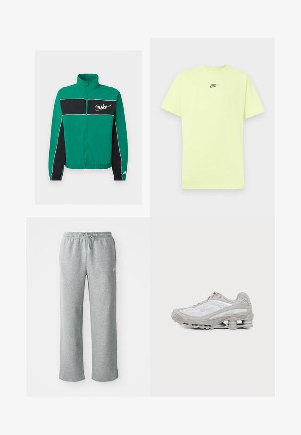Veste zippée Nike verte et noire avec passepoil blanc, col montant, poignets et ourlet élastiques, et logo Nike sur la poitrine et la manche.; T-shirt manches courtes vert citron en coton, avec un petit logo Nike noir centré sur la poitrine. Texture lisse, col rond.; Pantalons de survêtement en coton gris avec une taille élastique, fermeture à cordon et jambes droites. Comprend un petit logo sur le côté supérieur gauche.; Baskets de sport grises et blanches avec semelle à coussin d'air visible et panneaux en mesh, présentées de profil sur un fond clair uni.