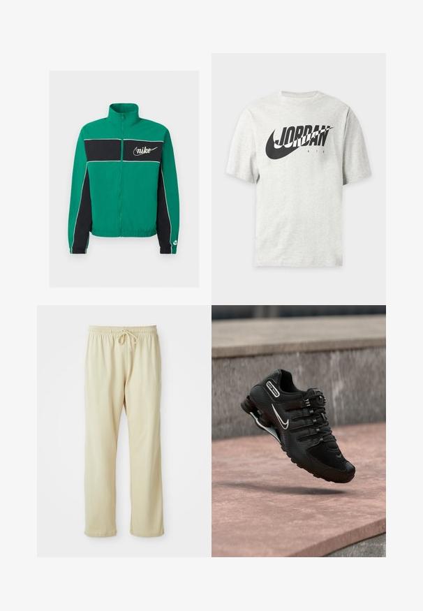 Groen-zwart Nike jack met rits, witte biezen, hoge kraag, elastische manchetten en zoom, en Nike-logo op borst en mouw.; Lichtgrijs T-shirt met korte mouwen, zwarte Nike-swoosh en "JORDAN AIR" tekst aan de voorkant.; Lichtbeige sweatpants met een trekkoord in de taille, taps toelopende pijpen en een zachte textuur. Heeft een subtiel merkje op het onderbeen.; Zwarte Nike Shox hardloopschoen met wit swoosh-logo, zwevend boven een roze betonoppervlak tegen een grijze stenen muur als achtergrond.