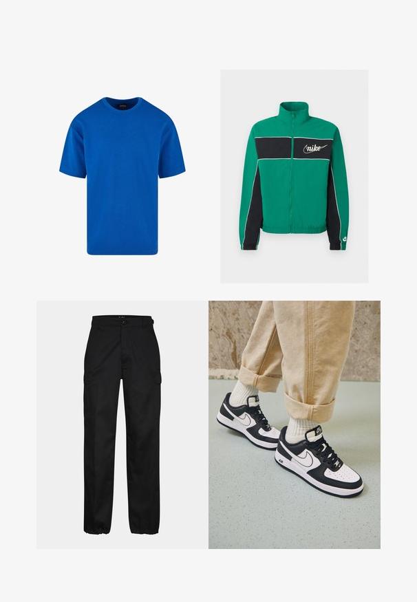 Πράσινο και μαύρο μπουφάν Nike με φερμουάρ, λευκά τιράντες, ψηλό γιακά, ελαστικά τελειώματα στα μανίκια και στη μέση, και λογότυπο Nike στο στήθος και το μανίκι.; Μπλε κοντομάνικο T-shirt από βαμβάκι, με κλασικό στρογγυλό λαιμό και χαλαρή εφαρμογή. Λείος υφασμάτινος τύπος χωρίς ορατά σχέδια ή διακοσμητικά στοιχεία.; Μαύρο cargo παντελόνι με ίσια γραμμή, που διαθέτει πλάγιες τσέπες, κούμπωμα με κουμπί και ελαστικές μανσέτες στους αστραγάλους. Κατασκευασμένο από ανθεκτικό ύφασμα.; Μαύρα και άσπρα αθλητικά παπούτσια Nike Air Force 1 με δερμάτινη επένδυση, τρυπητή μύτη και υφασμάτινη λεπτομέρεια στην σόλα, φορεμένα με τυλιγμένα μπεζ παντελόνια και λευκές κάλτσες.