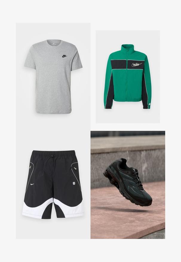 Grün-schwarze Nike Jacke mit durchgehendem Reißverschluss, weißen Paspeln, hohem Kragen, elastischen Bündchen und Saum sowie Nike-Logo auf Brust und Ärmel.; Graues T-Shirt mit kurzen Ärmeln aus Baumwolle, mit einem schwarzen Nike-Logo auf der Brust und einem runden Ausschnitt. Minimalistisches Design ohne Muster.; Schwarz-weiße Nike-Sportshorts mit elastischem Bund, Kordelzug, seitlichen Reißverschlusstaschen und reflektierendem Besatz an den Vorderpaneelen.; Schwarzer athletischer Sneaker mit sichtbarer Air-Cushioning-Zwischensohle, der über einer rosa Steinoberfläche mit grauer Steinmauer im Hintergrund schwebt.