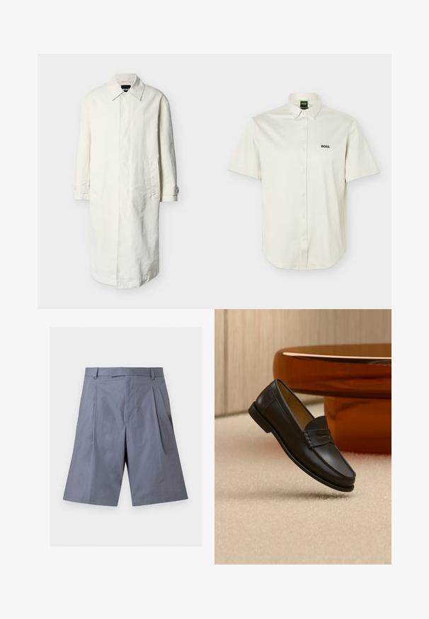 Trench-coat long blanc cassé avec col, fermeture à boutons cachés, poches latérales et poignets boutonnés, présenté sur un fond gris clair uni.; Chemise blanche à manches courtes avec boutons-pression, col boutonné, logo "BOSS" noir sur la poitrine, et étiquette verte à l'intérieur du col.; Shorts gris longueur genou avec passants de ceinture, plis avant et fermeture éclair dissimulée, présentés sur un fond blanc uni.; Chaussure mocassin en cuir noir suspendue au-dessus d’un tapis beige avec du mobilier moderne couleur ambre en arrière-plan.