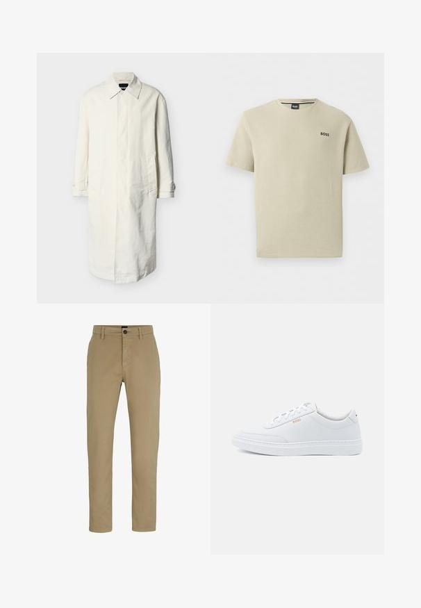 Lang off-white trenchcoat med krave, skjult knaplukning, sidelommer og manchetter med knap, vist på en ensfarvet lys grå baggrund.; Beige tekstureret T-shirt med korte ærmer og rund halsudskæring med "BOSS"-logo på venstre bryst.; Beige bomulds chinos med slim-fit, flad front og knaplukning. Har bæltestropper og sidelommer for funktionalitet.; Hvide lædersneakers med glat tekstur, rund tå og ton-i-ton syning. Har blå snørebånd og et gult logo på siden.