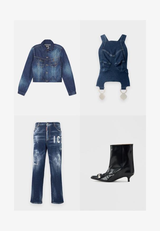 Veste en denim au design cropped, avec un col classique et deux poches poitrine. Accents de motifs en losange bleu clair et foncé.; Haut en denim avec de larges bretelles, deux poches avant, un décolleté arrondi et des éléments en métal argenté en bas pour la fermeture.; Jeans en denim bleu foncé avec des patchs déchirés, des éclaboussures de peinture claires et de grandes lettres blanches. Conception à jambe droite avec une coupe classique.; Bottine en cuir noir avec bout pointu, petit talon kitten bas et boucle décorative en argent sur le côté près de l'orteil.