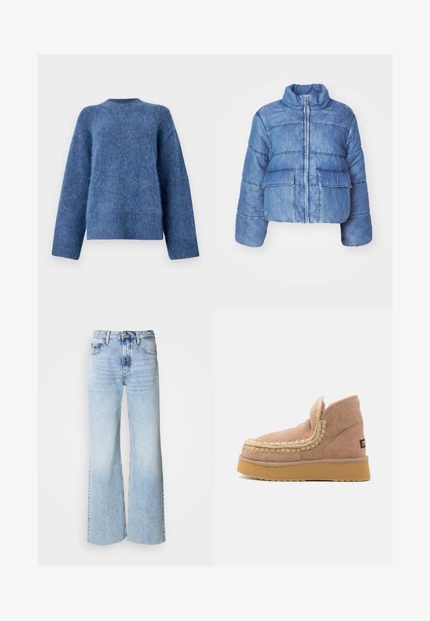 Κοντό τζην μπουφάν από denim, με ψηλό γιακά, μπροστινό φερμουάρ, δύο μεγάλες ραμμένες τσέπες και ραφές σε όλη την επιφάνεια.; Μπλε πουλόβερ από μάλλινα υλικά με στρογγυλή λαιμόκοψη, μακριά μανίκια, χαλαρή εφαρμογή και μαλακή υφή. Διαθέτει μια αφράτη, ελαφρώς υφή επιφάνειας.; Ανοιχτό μπλε τζιν με φαρδιά παντελόνια και ξεθωριασμένη υφή, ψηλή μέση και κλασικό σχέδιο με πέντε τσέπες. Διαθέτει κλείσιμο με κουμπί και φερμουάρ.; Βερνικωμένα μπότες με καπό σε ανοιχτό ροζ χρώμα, με υφασμάτινο πλεχτό σχέδιο κατά μήκος της άκρης και παχύ λάστιχο σόλης σε αντίθεση καφέ χρώματος.